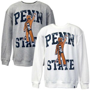 heather gray and white crew neck sweatshirts with distressed printed Nittany Lion Mascot in front of Penn State